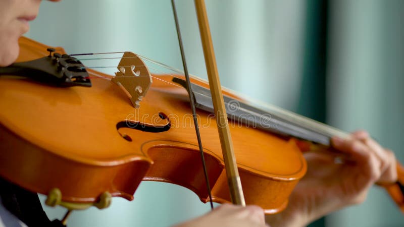 Violin and bow in hands of a young female violinist. Close up view
