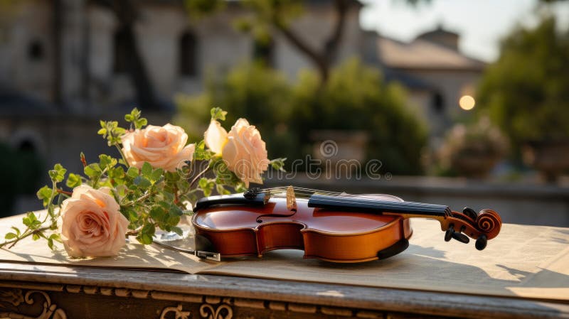 A violin and an open book on a table. Generative AI. vector illustration