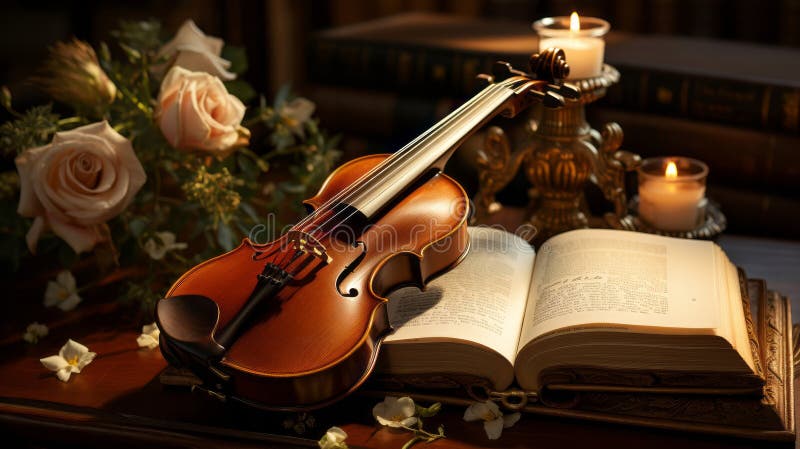 A violin and an open book on a table. Generative AI. royalty free illustration