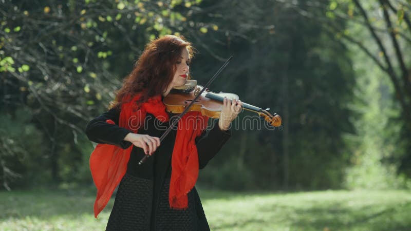 Violinist in the autumn forest. Girl playing on the violin in nature