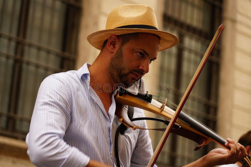 Rome, Italy July 27, 2020 Italian Violinist of a Jazz Street Band