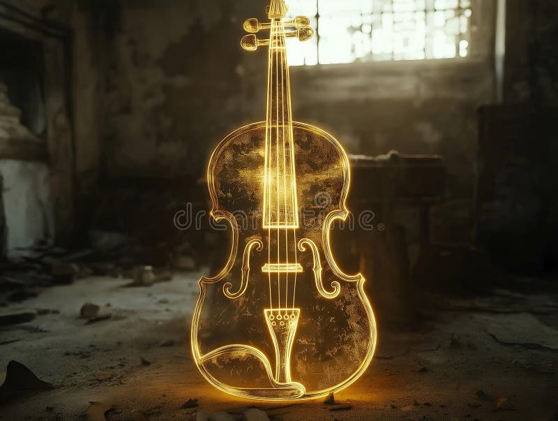 Violino brillante in una stanza buia luce riflessa uno strumento musicale con uno splendore di luce eerea una scena surreale illustrazione di stock