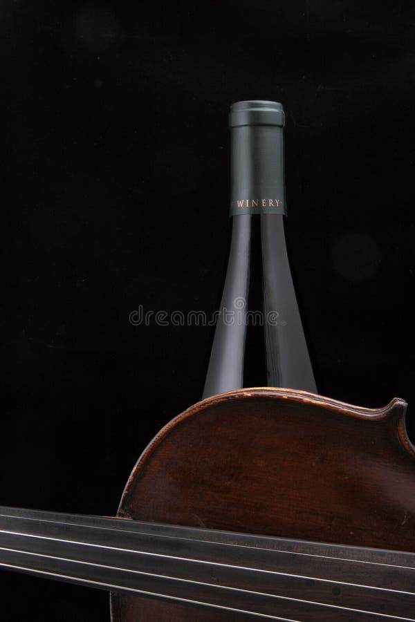 Violino scuro con la bottiglia di vino immagini stock libere da diritti Violino scuro con la bottiglia di vino immagini stock libere da diritti