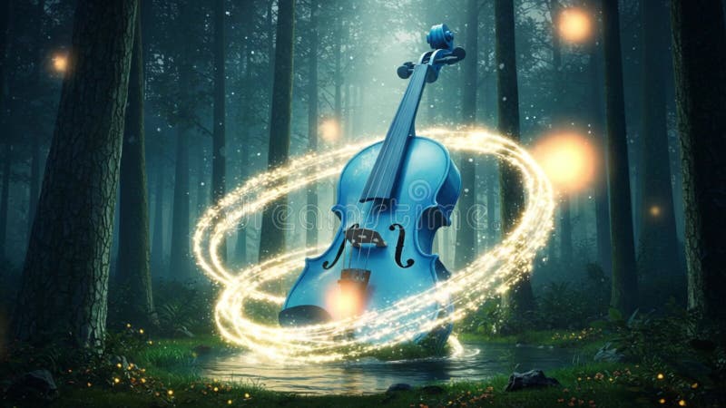Violon enchanté dans une forêt mystique la nuit illustration libre de droits