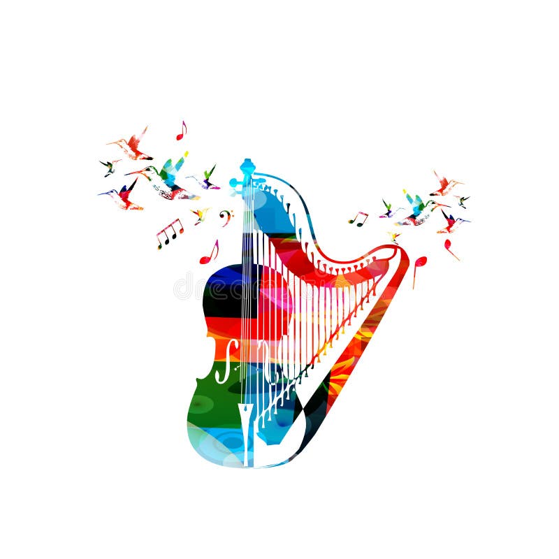 Violoncello colorato con arpa e colibrì isolante illustrazione vettoriale. sfondo dello strumento musicale per l'opuscolo illustrazione di stock