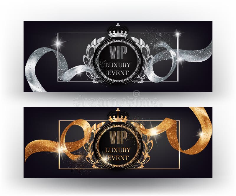 VIP Banners with Gold and Silver Curly Sparkling Ribbons. Stock Vector