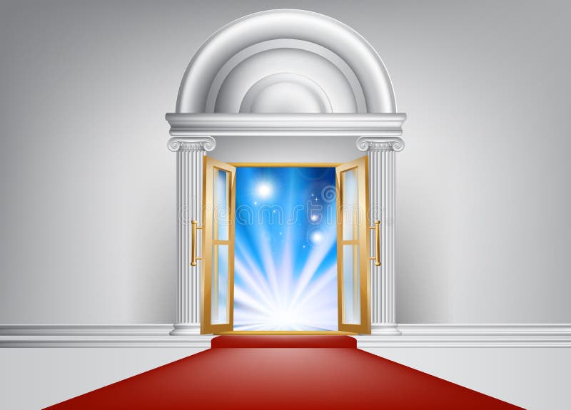 A door with a red carpet leading up to it and bright abstract blue light on the other side. A door with a red carpet leading up to it and bright abstract blue light on the other side