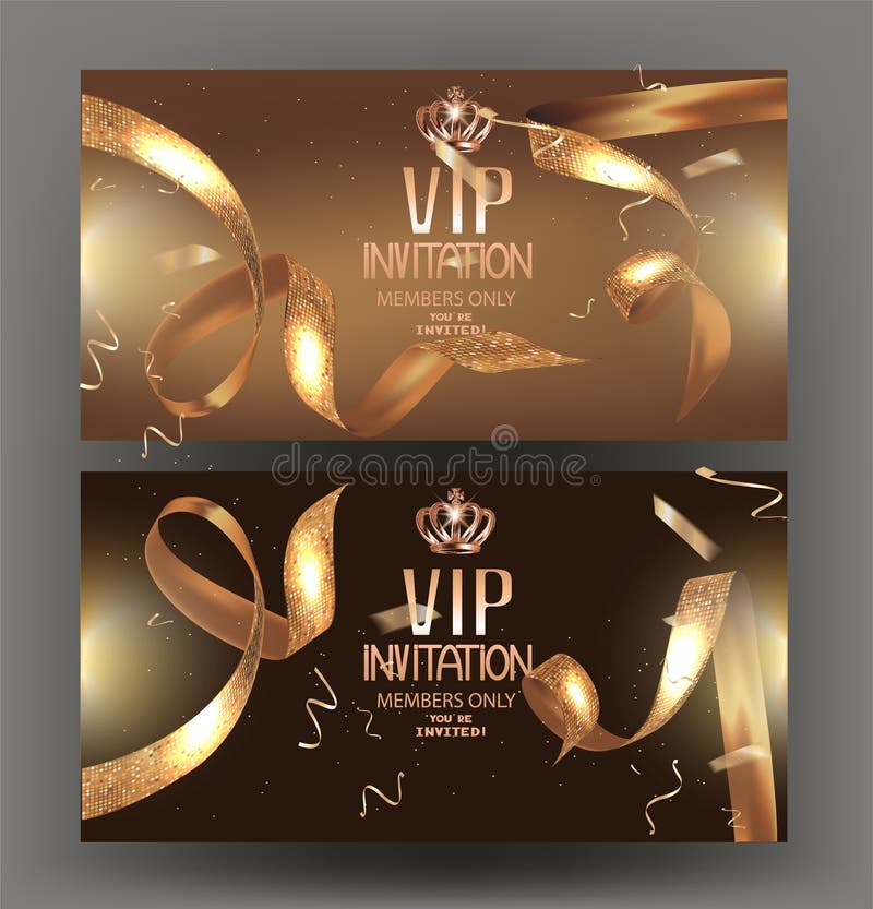 VIP invitation banner with curly golden ribbons with circle pattern and frame.