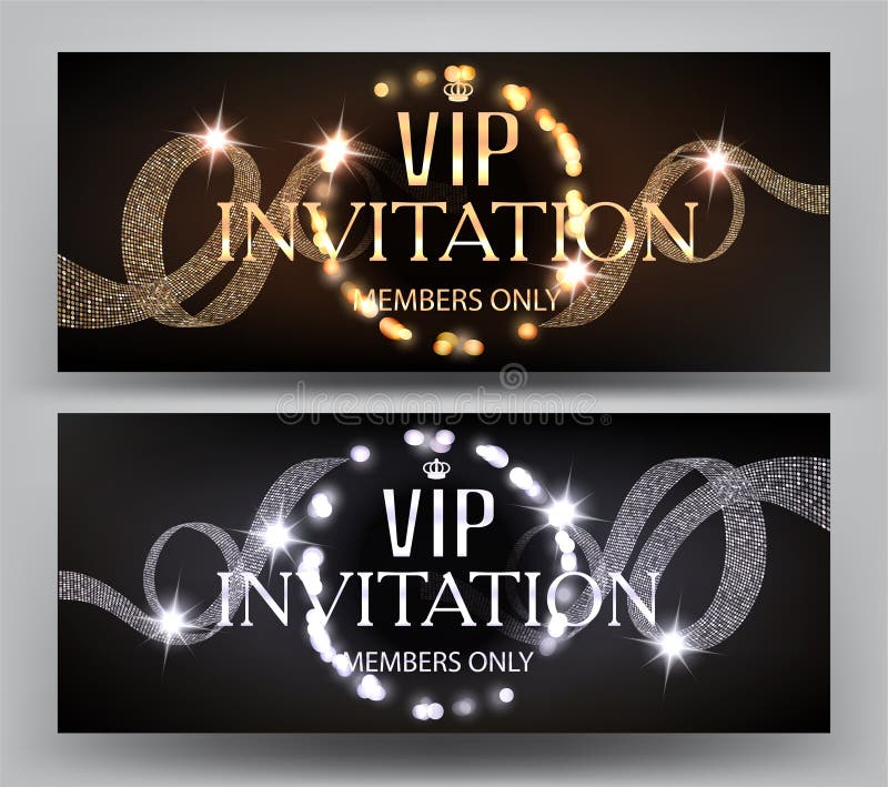 VIP Invitation banners with curly ribbons and shiny light garland frame. royalty free illustration