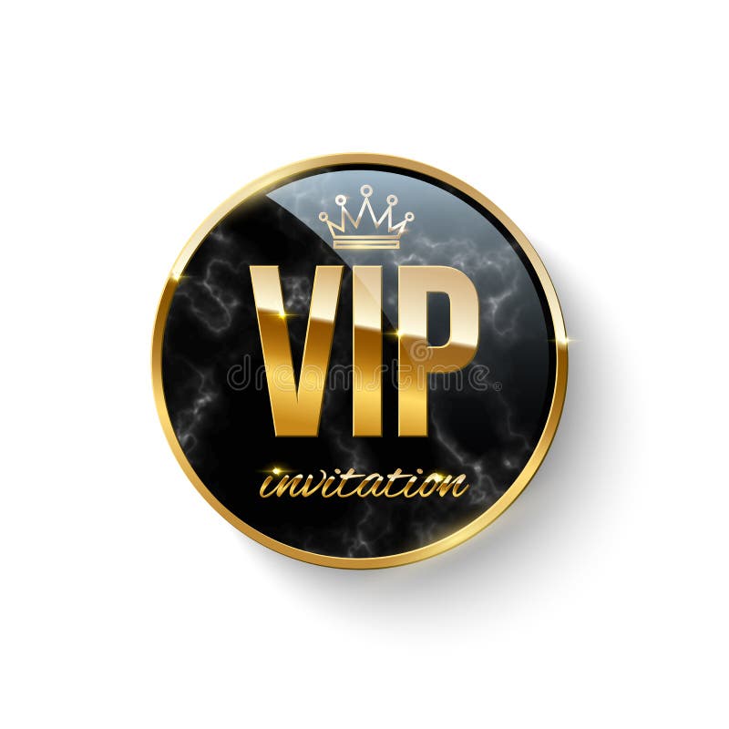 Vip invitation 3d button with gold crown, border and text on black marble texture royalty free illustration