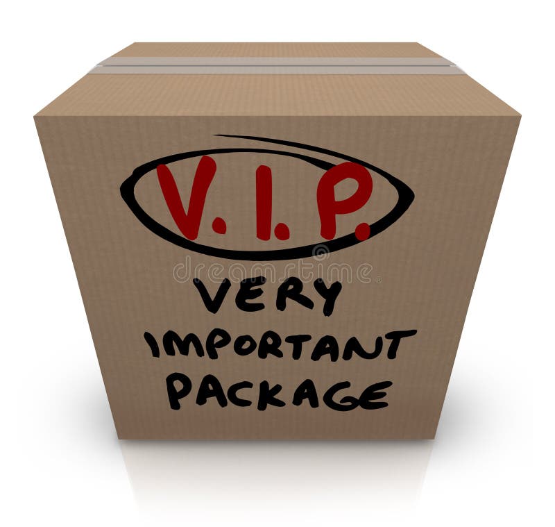 A cardboard box shipment with the words VIP Very Important Package written on it to represent the urgency and expedited express handling of a special parcel for delivery. A cardboard box shipment with the words VIP Very Important Package written on it to represent the urgency and expedited express handling of a special parcel for delivery