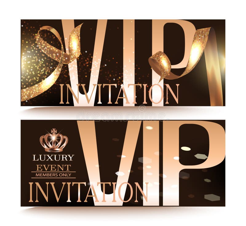 VIP Party Banners with Gold Design Elements and Ribbon. Stock Vector