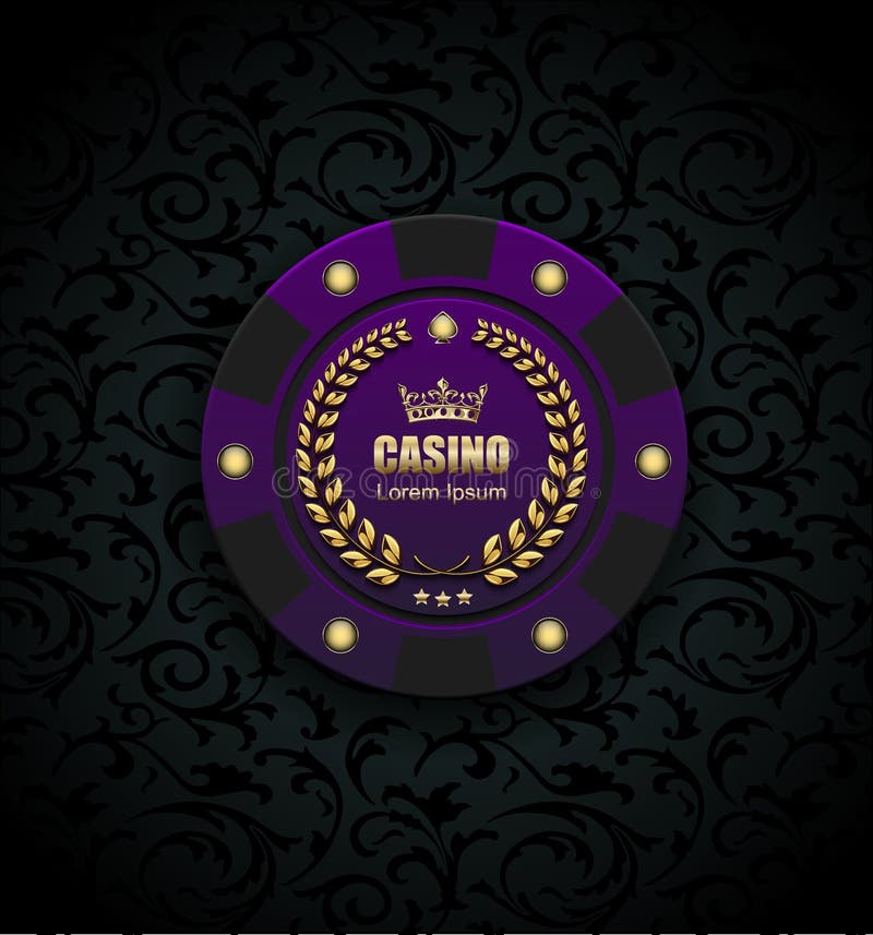 VIP poker luxury purple chip vector casino logo concept. Royal poker club emblem with golden crown, laurel wreath and spade