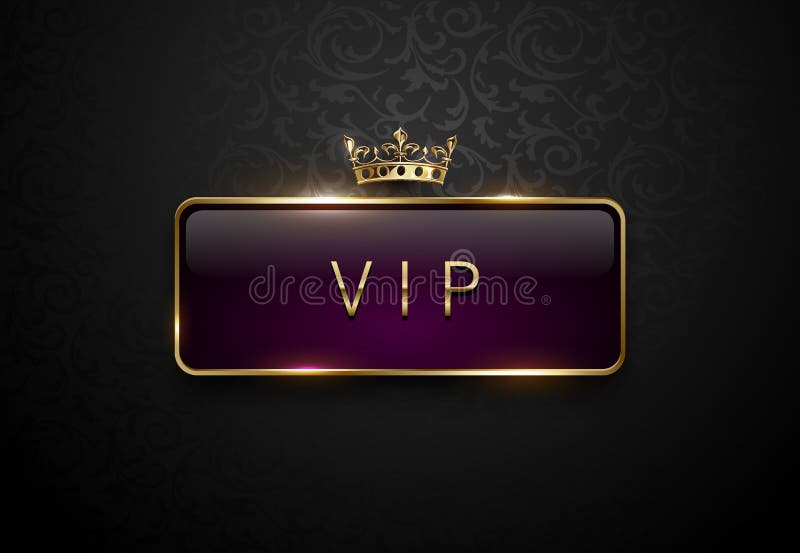 Vip royal purple label with golden frame and crown on black floral pattern background. Dark premium template. Vector illustration. stock illustration