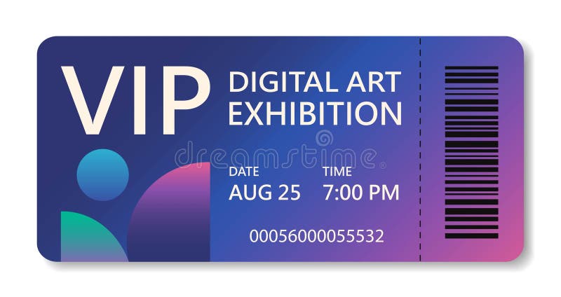 VIP ticket with bright gradient, date, barcode. Vector modern bright horizontal template. stock illustration