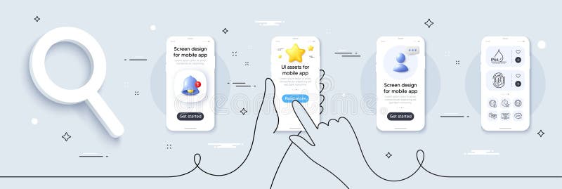 Vip timer, Global business and Face detect line icons pack. For web app. Phone screen mockup. Vector royalty free illustration