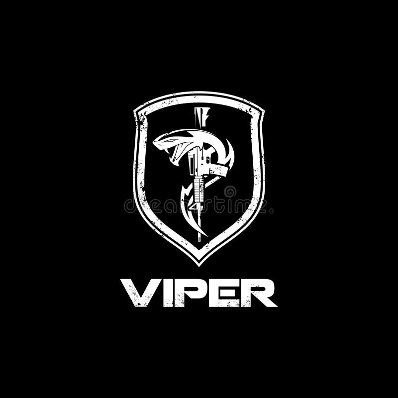 Viper snake with rifle and shield vector badge logo template royalty free illustration