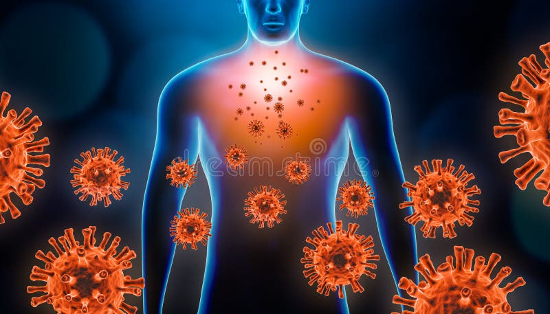 Viral pneumonitis 3d rendering illustration with red virus cells and human body. Coronavirus, covid 19, infectious and vector illustration
