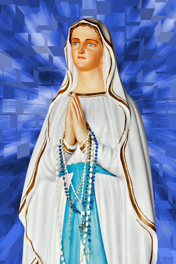 Gypsum statue of virgin Mary with crucifix and rosary praying beads, clipping path