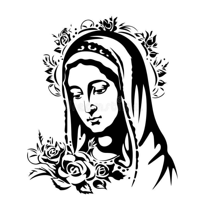 Virgin Mary, Our Lady. Hand Drawn Vector Illustration. Black Silhouette ...