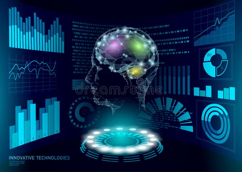 Virtual assistant HUD user display technology. AI artificial intelligence robot support. Chatbot human brain neural royalty free illustration