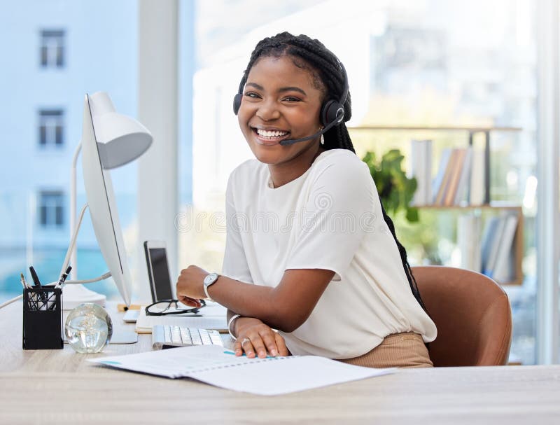 Virtual assistant, portrait or happy black woman in call center tech support consulting for telecom advice. Girl, CRM or