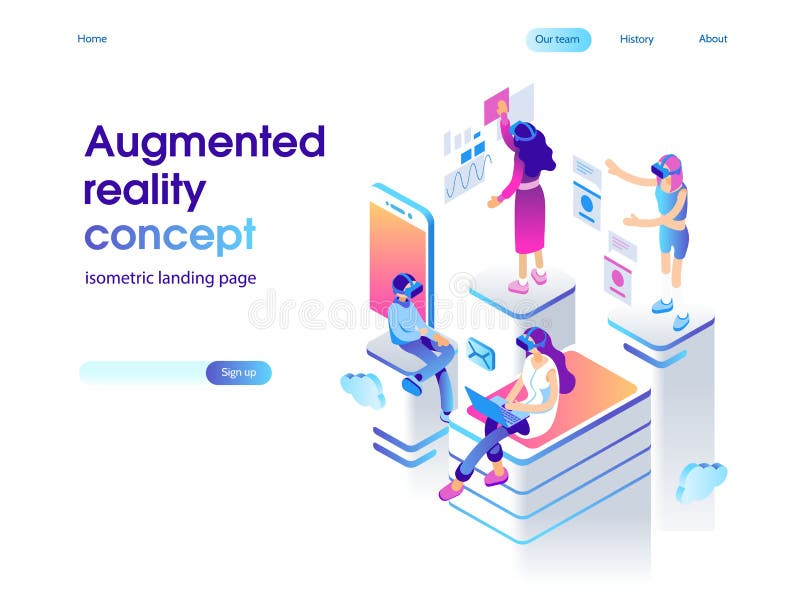 Virtual augmented reality glasses concept with people learning and entertaining. Landing page template. 3d vector stock illustration