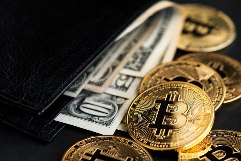 Virtual Bitcoin cryptocurrency concept. USD BTC Bitcoin wallet