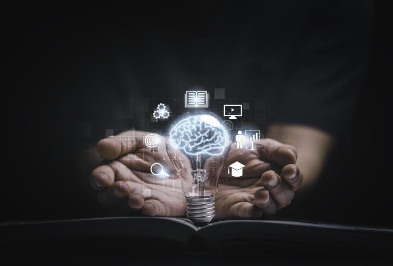 Virtual brain inside lightbulb on open book between two hand for creative thinking idea to solve problem from learning knowledge royalty free stock images