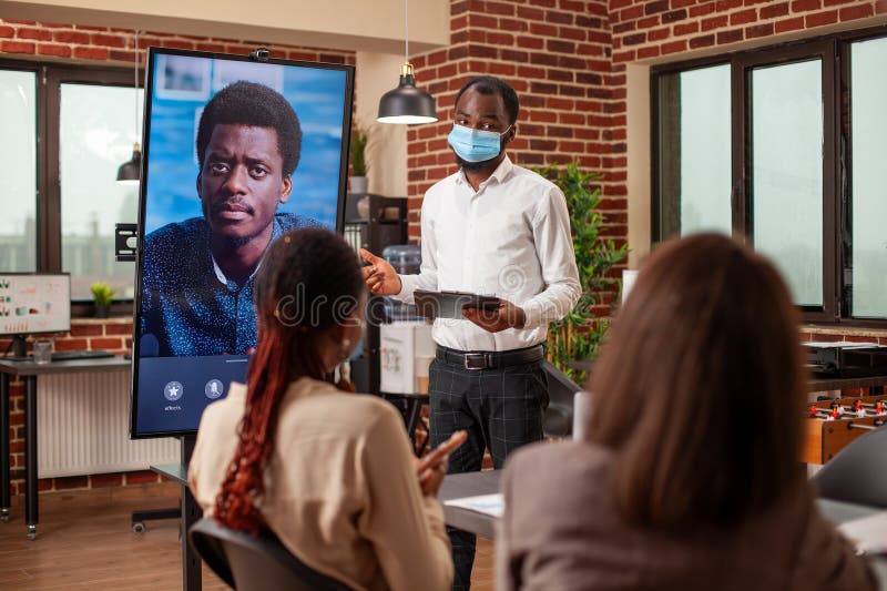 Virtual call with client on screen stock photos
