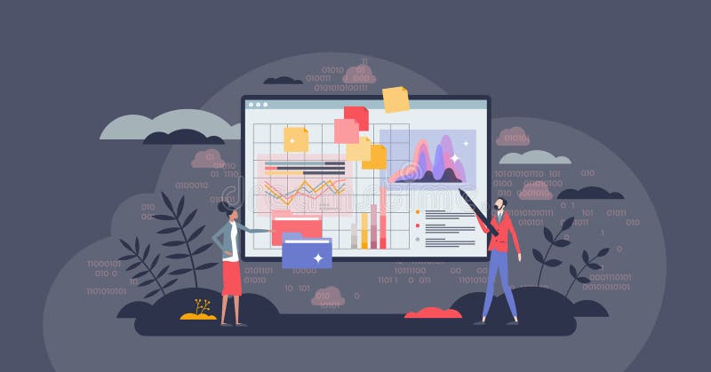 Virtual collaborative workspace and uploaded file editing tiny person concept stock illustration
