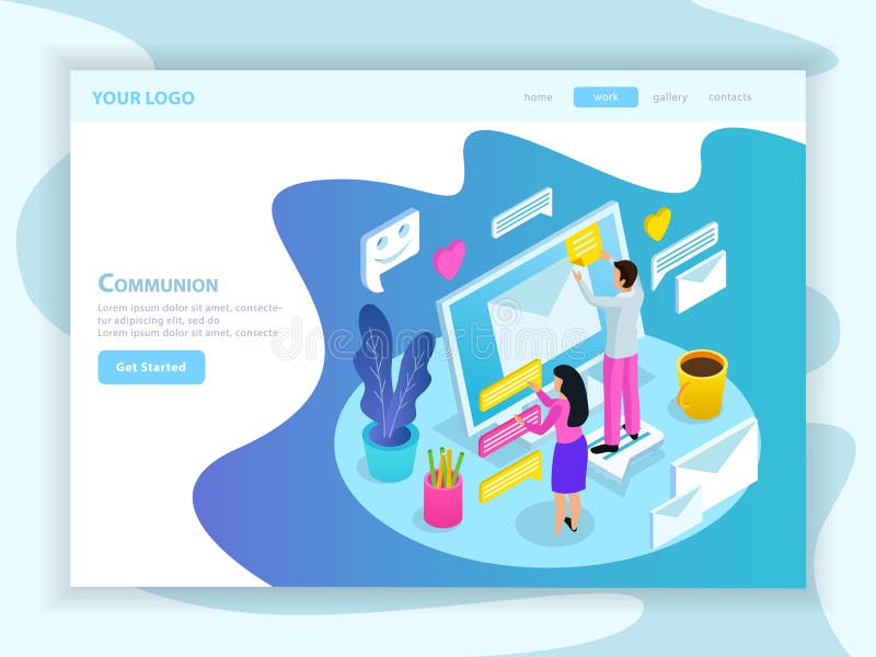 Virtual Communication Isometric Landing Page stock illustration Virtual Communication Isometric Landing Page stock illustration