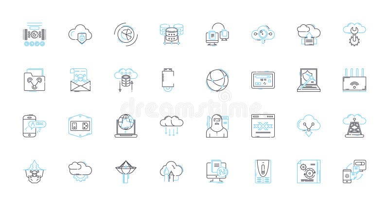 Virtual design linear icons set. Simulation, Visualization, Prototyping, Modelling, Rendering, D, Interactive line stock illustration