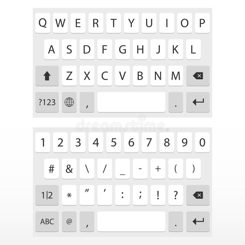 Virtual key board for mobile phone. Keypad alphabet and numbers. Mockup keypad for a touchscreen device.