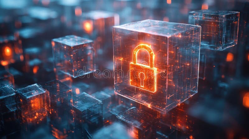 A virtual lock floating in mid air, surrounded by glowing cubes, symbolizes digital security and protection. vector illustration