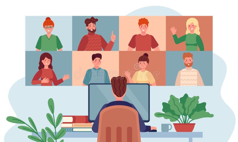 Virtual Meeting. Man Chatting with Group People, Online Meetings Remote