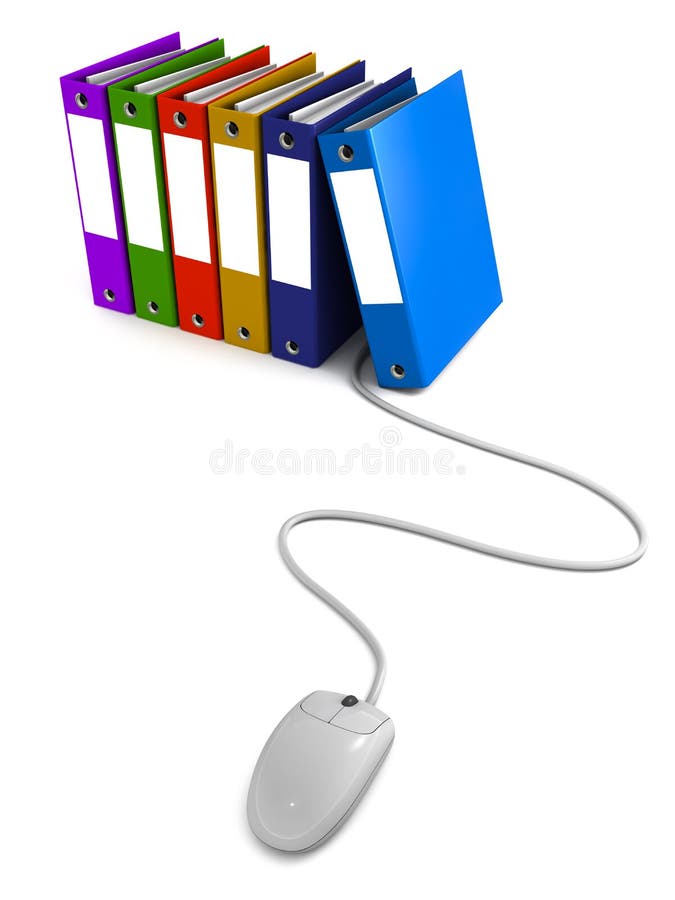 Remote access of office work, documents, files and email concept of virtual office, files connected to a mouse on white background