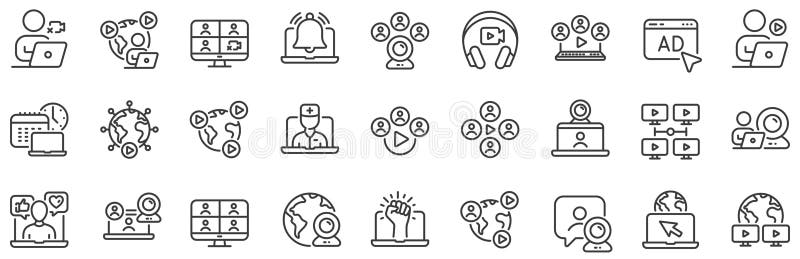 Online Meeting Line Icons. Virtual Presentation, Video Conference, Live ...