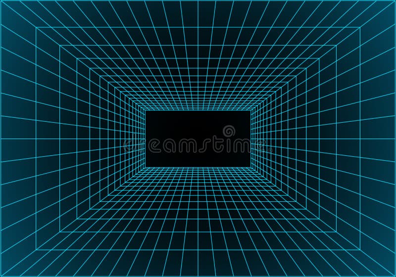 Virtual reality building inside structure. Perspective grid of empty studio. Matrix data visualization. Vector stock illustration