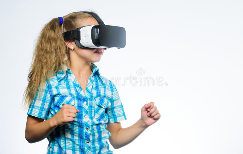 Virtual reality concept. Kid explore modern technology virtual reality. Virtual education for school pupil. Girl cute. Child with head mounted display on white royalty free stock photos Virtual reality concept. Kid explore modern technology virtual reality. Virtual education for school pupil. Girl cute. Child with head mounted display on white royalty free stock photos