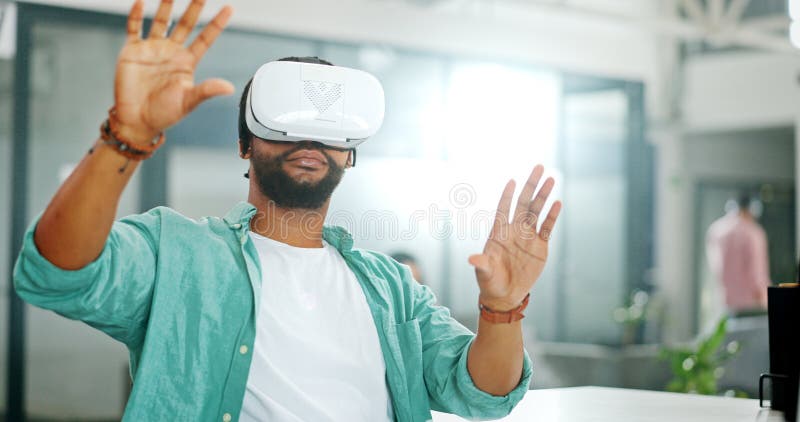 Virtual reality, cyber vr metaverse and black man work on futuristic dashboard, augmented reality or ai software stock photography
