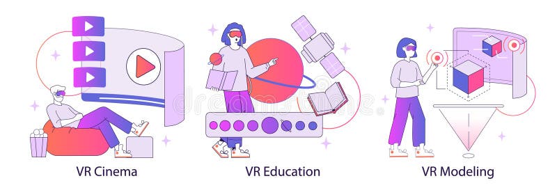 Virtual Reality Experiences Set. Vector illustration royalty free illustration
