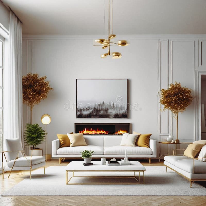3D Rendering. Beautiful Interior of a Modern House in White and Gold