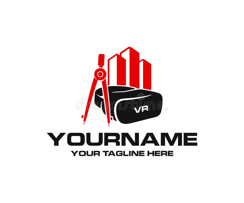 Virtual reality headset and glasses, drawing compass and property or real estate, logo design. Construction and augmented reality, stock illustration Virtual reality headset and glasses, drawing compass and property or real estate, logo design. Construction and augmented reality, stock illustration
