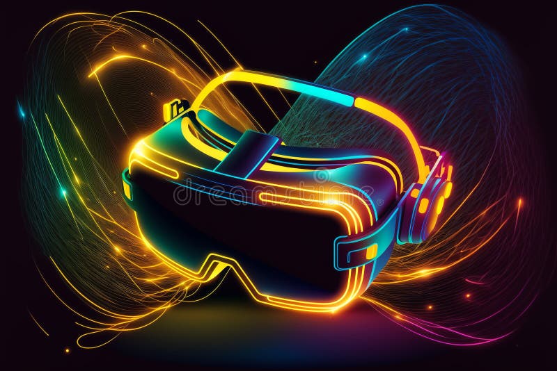 Virtual Reality Headset Surrounded by Chaotic Glowing Lines . Generative AI Illustration Stock