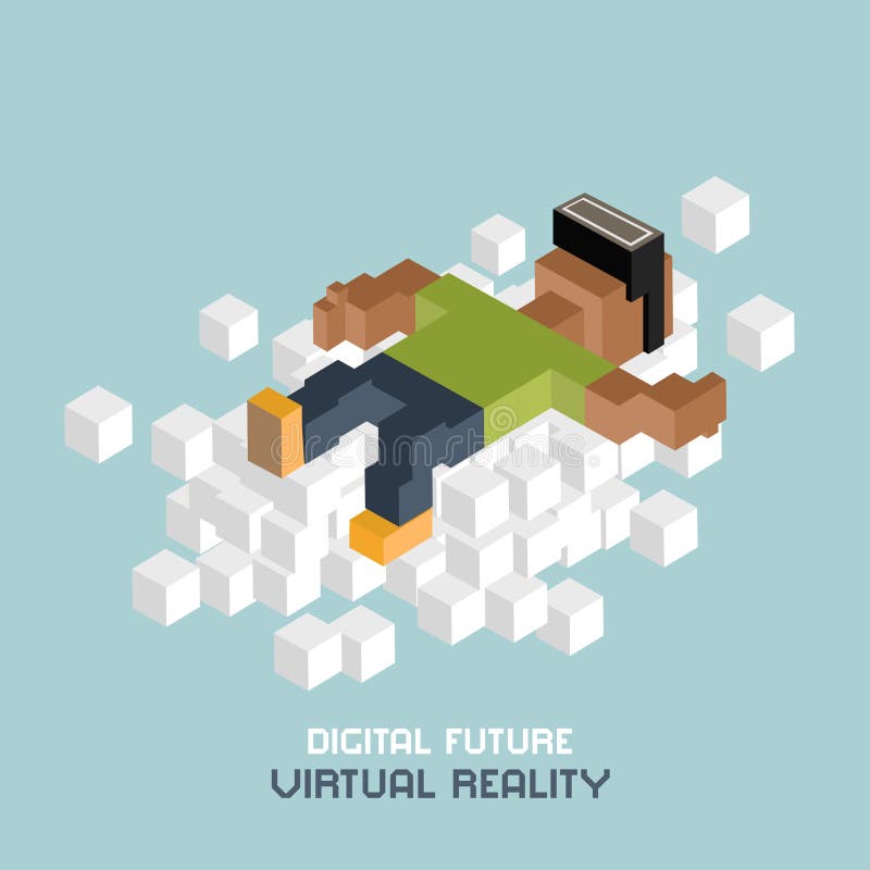 Virtual reality relaxation on cloud, black man in VR glasses, advertising concept. Cubes composition isometric vector illustration stock illustration