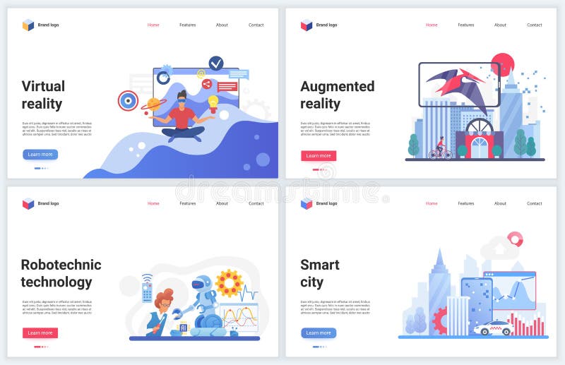 Virtual reality robotic technology vector illustrations with cartoon flat augmented future robot reality of smart city stock illustration