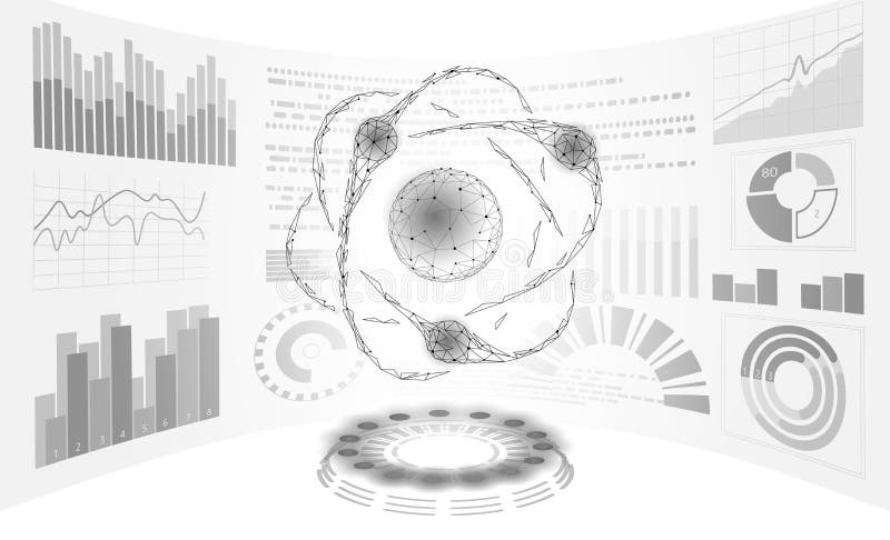 Virtual reality science research concept. HUD display work on project augmented reality. 3D atom particle physics data vector illustration