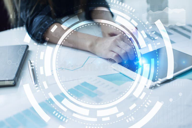 Virtual screen business, technology and internet concept. Futuristic virtual screen interface technology stock images, royalty-free photos and pictures