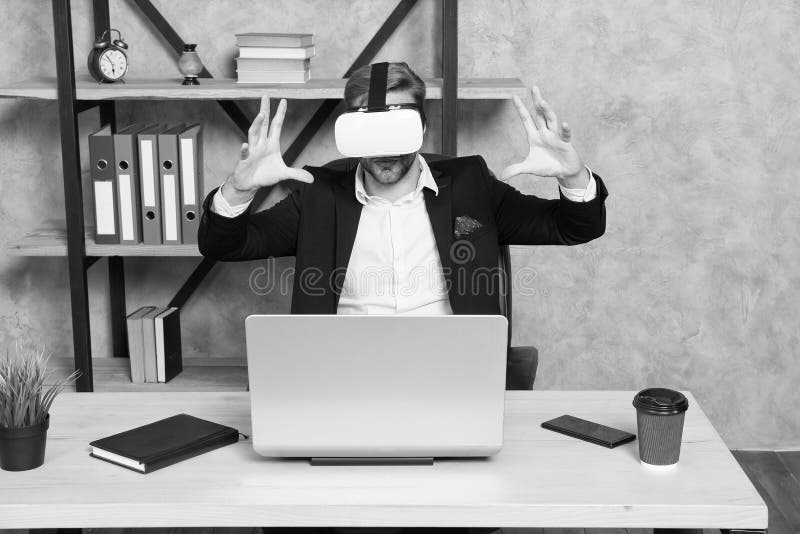 Virtual Work Space. Businessman Explore Virtual Reality. Interact in